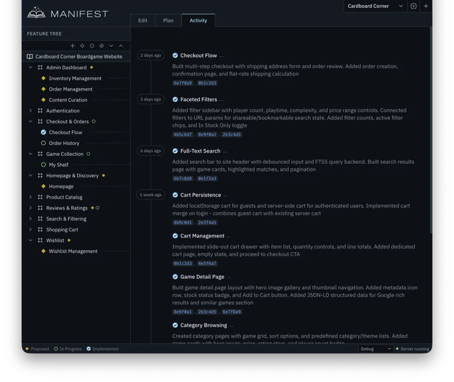 Manifest Activity tab: implementation timeline
