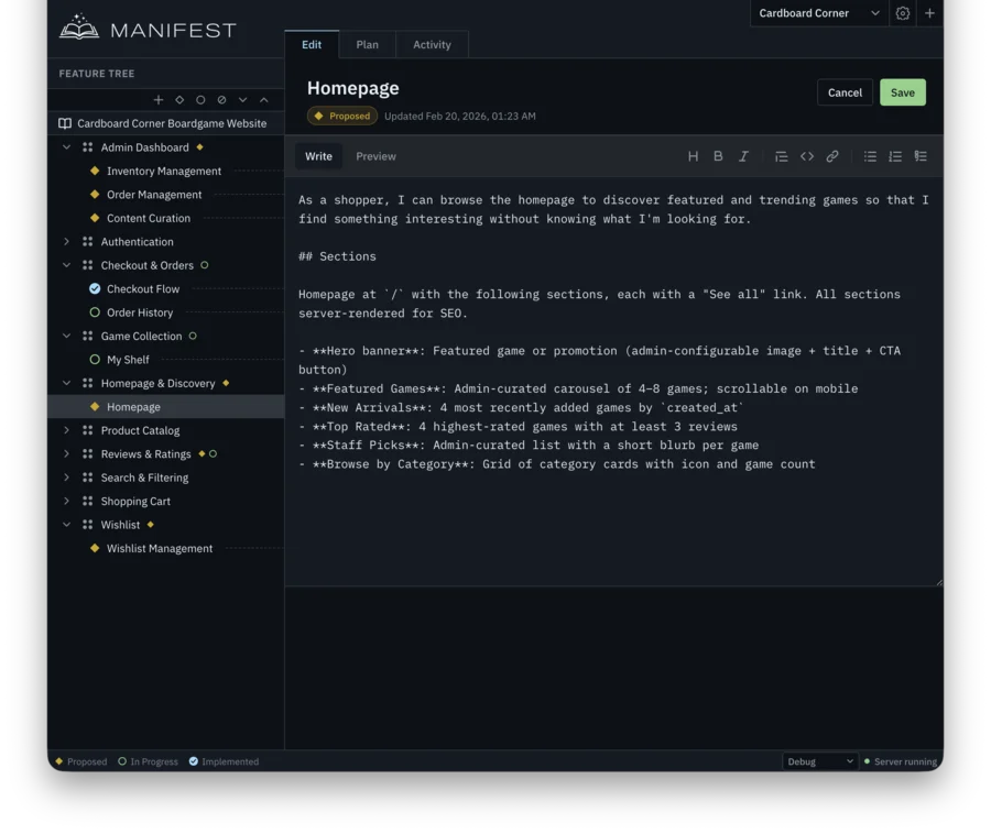 Manifest Edit tab: feature tree with detail editor