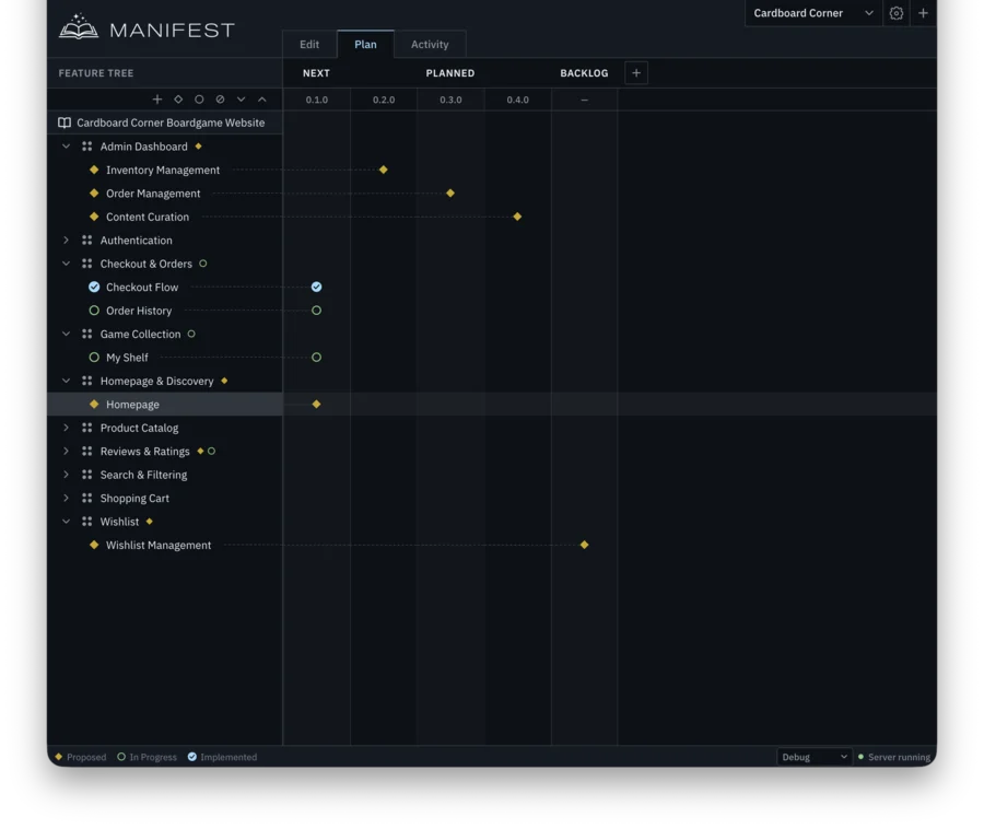 Manifest Plan tab: version and release matrix